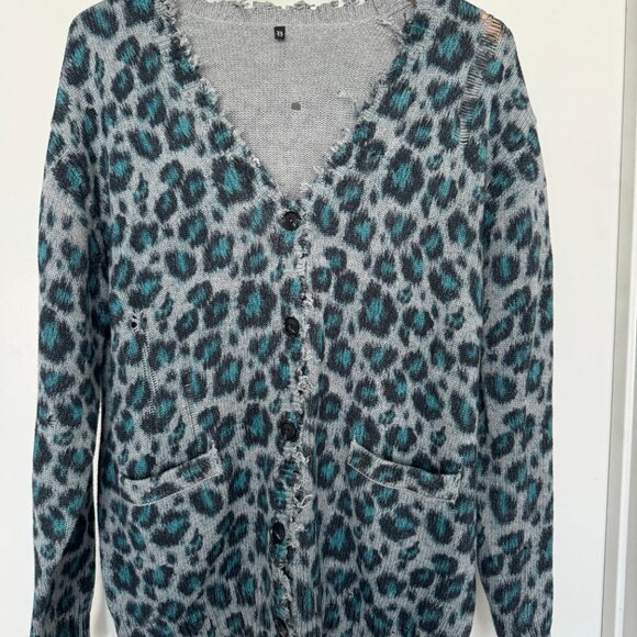 R13 distressed cotton blue leopard cardigan, oversize, Small - Picture 4 of 8